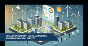 Illustration of a sustainable city powered by wind turbines and solar panels, with collaboration among local authorities and environmental experts.