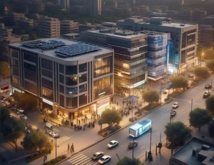 Aerial view of a modern cityscape with illuminated buildings, busy streets, and people gathering near shops at dusk.