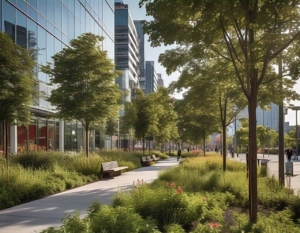 Modern urban pathway lined with trees and benches, bordered by lush greenery and glass buildings reflecting sunlight.