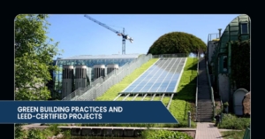 A modern building with solar panels on a grassy slope, showcasing green architecture and sustainable design practices under a clear blue sky.