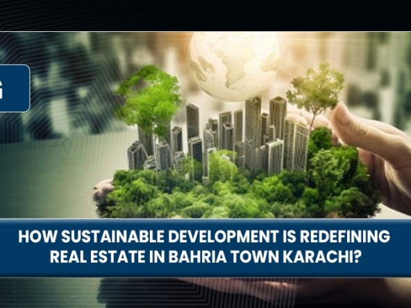 A person’s hands nurturing a cityscape with greenery and a glowing earth, symbolizing sustainable real estate development in Bahria Town Karachi.