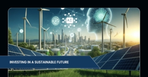 A futuristic landscape featuring wind turbines and solar panels with an AI-themed overlay, symbolizing investment in sustainable energy.