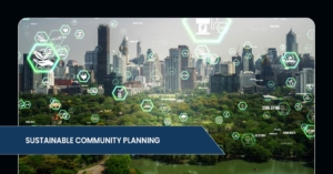 A city skyline overlaid with digital icons representing sustainable community planning and environmental initiatives.