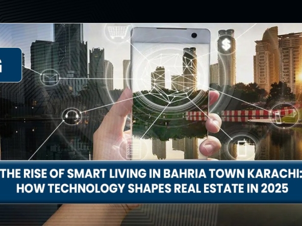 A person holds a smartphone showcasing a digital overlay of smart buildings and technology in Bahria Town Karachi, symbolizing future real estate.