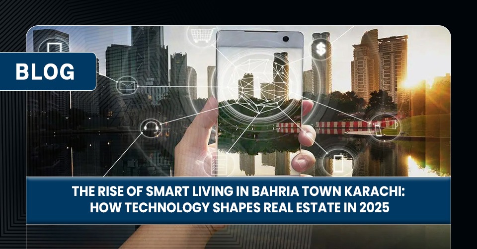 A person holds a smartphone showcasing a digital overlay of smart buildings and technology in Bahria Town Karachi, symbolizing future real estate.