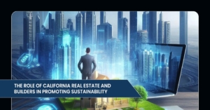 A business professional views a futuristic cityscape on a laptop, highlighting California's real estate and builders' sustainability efforts.