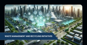 A futuristic cityscape illustrating waste management and recycling initiatives, featuring green technology and urban infrastructure.