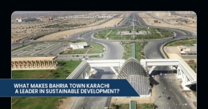 Aerial view of Bahria Town Karachi showcasing its roads, green spaces, and modern architecture, emphasizing sustainable urban development.