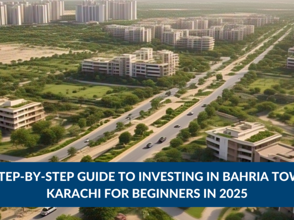 Aerial view of Bahria Town Karachi showcasing modern buildings and greenery, with a banner promoting an investment guide for beginners in 2025. Investing in Bahria Town