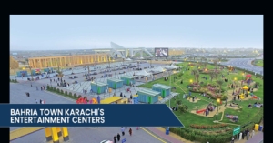 Aerial view of Bahria Town Karachi's entertainment centers, showcasing vibrant parks, gathering spaces, and recreational activities.