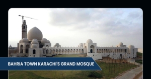 Aerial view of the Grand Mosque in Bahria Town, Karachi, showcasing its majestic architecture and expansive grounds.