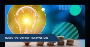 A glowing light bulb symbolizes investment ideas, with stacks of coins below and abstract shapes in the background, promoting tips for new investors.