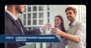 A professional handing over keys to a young couple on a balcony, with modern buildings in the background. Step 8: Consider property management services.