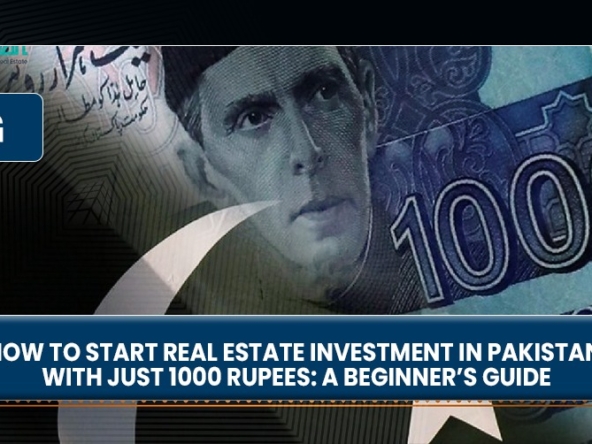 Blog post header about starting real estate investment in Pakistan with a focus on a 1000 Rupee note as the centerpiece of the design.