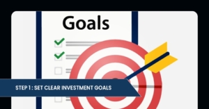 A checklist titled "Goals" with checkmarks, alongside a bullseye target and an arrow hitting the center, emphasizing investment goal-setting.