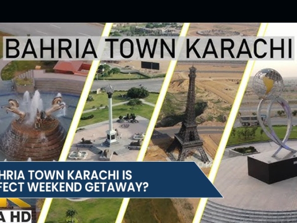 Aerial view of Bahria Town Karachi featuring landmarks, fountains, and a question about its appeal as a weekend getaway.