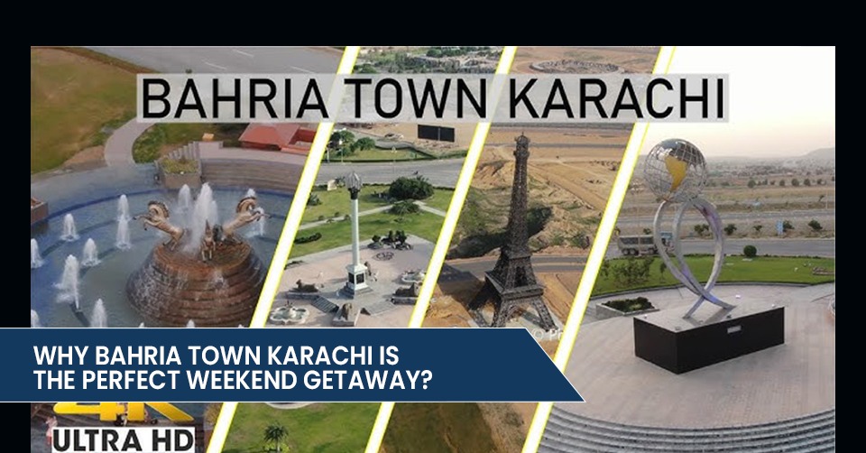 Aerial view of Bahria Town Karachi featuring landmarks, fountains, and a question about its appeal as a weekend getaway.