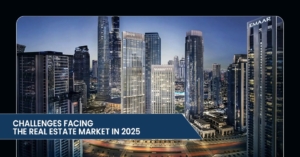 A panoramic view of a modern skyline featuring skyscrapers, highlighting challenges in the real estate market for 2025.