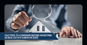 A person examining a miniature house with a magnifying glass, with text about investing in Karachi real estate in 2025 at the bottom.