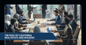 A diverse group of professionals in a modern conference room discussing real estate strategies, with city skyscrapers visible through large windows.