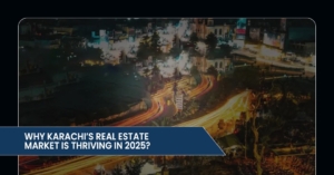 A vibrant night cityscape of Karachi with busy streets and lights, highlighting its thriving real estate market in 2025.